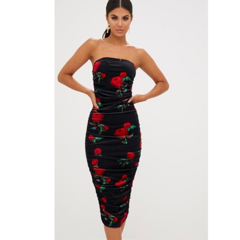 Black and red floral ruched bandeau dress